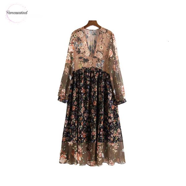 

women v neck dress floral chiffon floral see through long sleeve vintage pleated female chic mid calf dress vestidos qa763, Black;gray