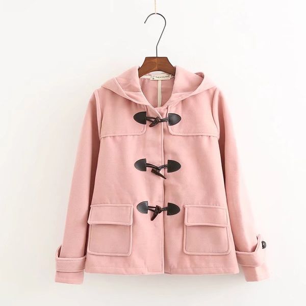 

duffle coat long turn down horn button hooded collar woolen women's jacket college wind winter windproof warm coat women, Black