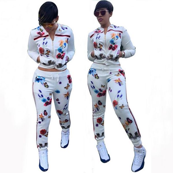 

fashion floral print women tracksuit jacket + pants jogging jogger sets sports tracksuits sweat suits fashion sportswear ing, Gray