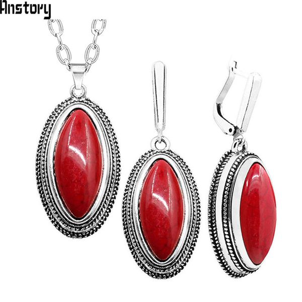 

double layer rhombus red stone set retro necklace earrings set for women antique silver plated fashion jewelry