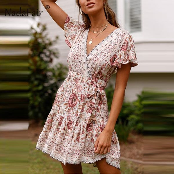

nadafair boho floral print summer dress women high waist lace up a line dress fashion 2019 v neck short sleeve beach mini, Black;gray