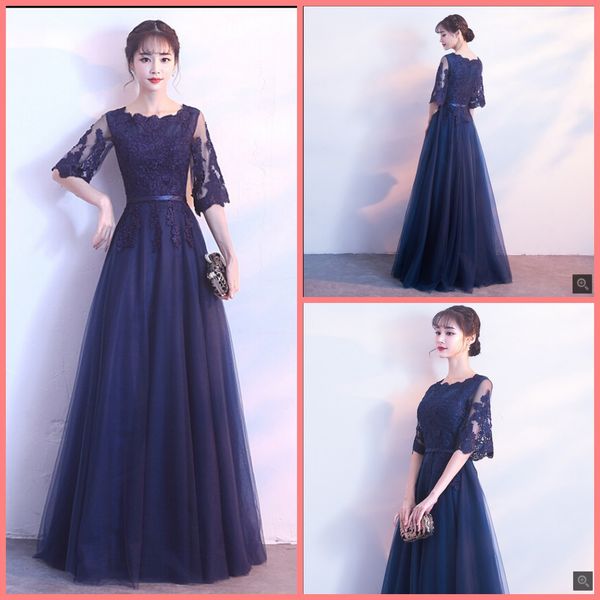 

vestido de festa navy blue lace appliques a line half sleeve evening dress scoop neckline modest muslim women formal long evening gowns, Black;red