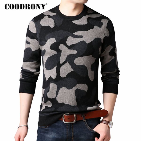 

coodrony sweater men fashion camouflage pattern o-neck pullover men clothes 2018 winter thick warm cashmere woolen sweaters 8191, White;black