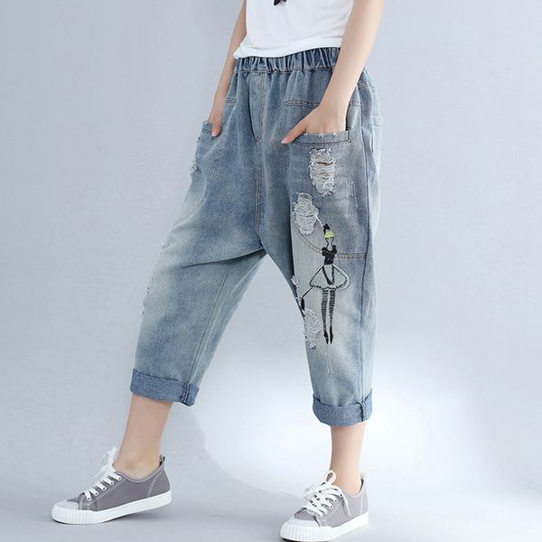 

джинсы женские джинсовые брюки низ брюк большой сыпучие проблемные мультфильм вышивка мода повседневная весна лето bo19451520, Blue