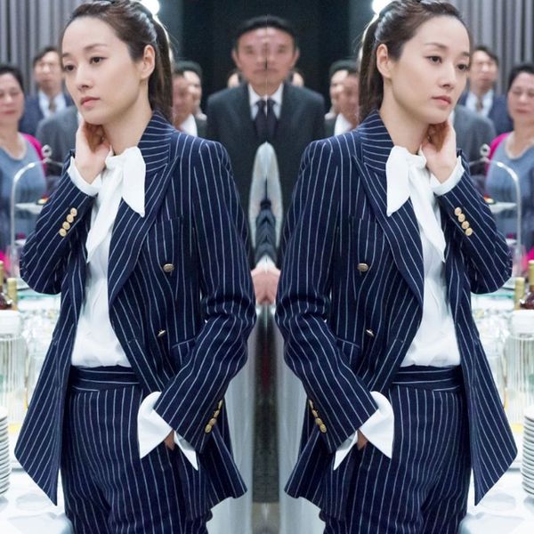 

olfashion тонкий высококачественный новый дикий полосатый пиджак женский профессиональный костюм брюки из двух частей женщины женщины компле, White;black