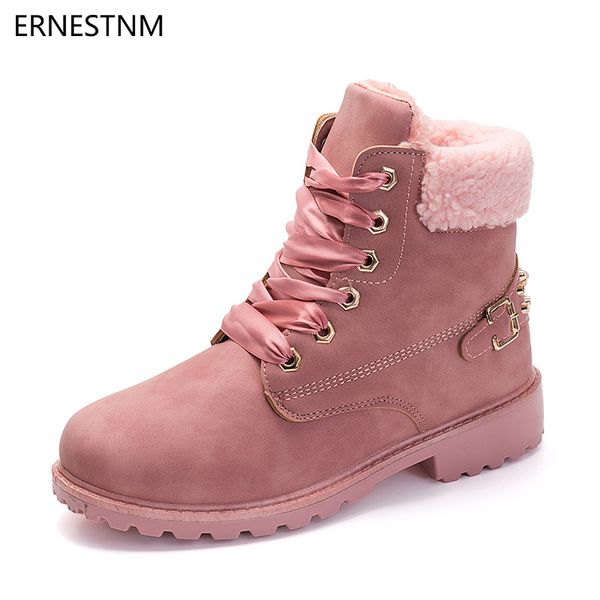 

ernestnm send lace snow boots woman 2019 casual ankle boots round toe women shoes platform pink booties winter plush botas, Black