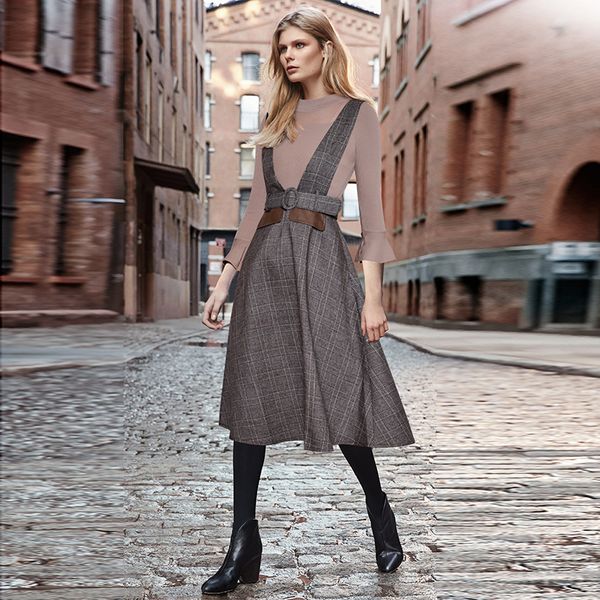 

new designer women flare sleeve and plaid print a-line set dress, Gray