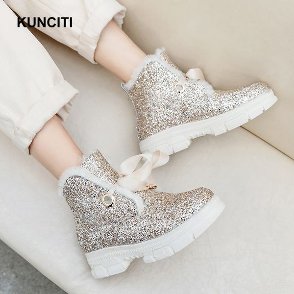 

2020 kunciti sequined bling bling snow boots woman round toe wool fur warm ankle boots winter for women lace up furry shoes d006, Black