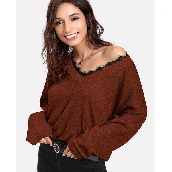 

casual womens pullover sweater woman designer sweaters fashion v neck lace piping long sleeves kniter luxury, White;black