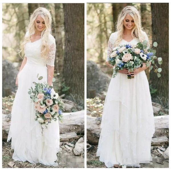 

vintage a-line lace appliques wedding dresses 2019 half sleeves bridal gowns plus size long garden vestidos de mariee cheap, White