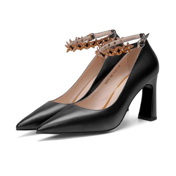 

chic gold flowers buckle mary janes women high heels shoes pointed toe shallow gladiators ladies pumps zapatos de mujer runway, Black