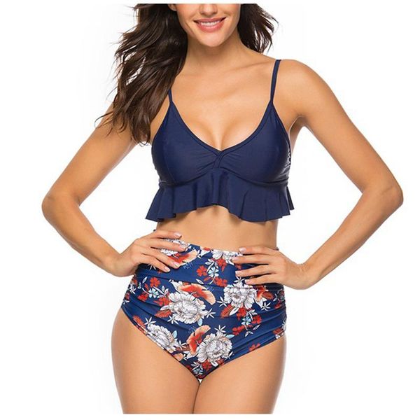 

conjunto de bikini v-neck floral ruffle swimwear high-waisted vintage two piece plus size biquini maillot de bain femme #lr3