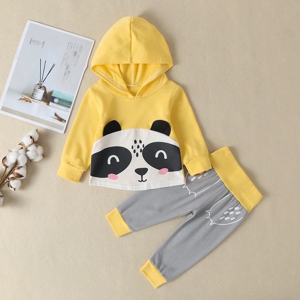 

boys cotton hooded sweater cartoon panda head print baby's set two-piece long-sleeved trousers, White