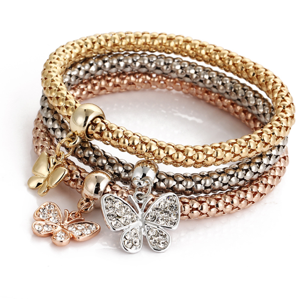 

3 pcs/set female crystal butterfly heart bracelets set charm elephant pendants rhinestone bracelets & bangles for women jewelry, Black