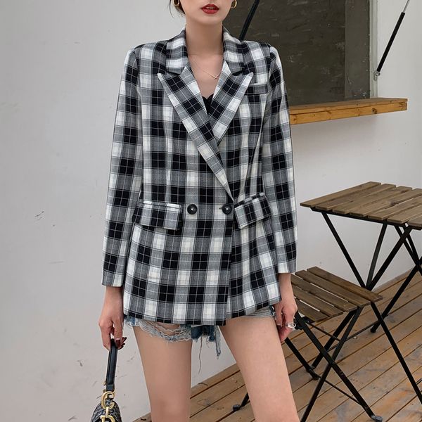 

2020 spring single button plaid women blazer notched collar pockets female jacket blazers office elegant long sleeve suit jacket, White;black