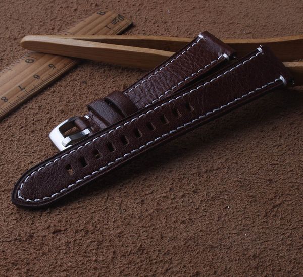 

18mm 19mm 20mm 21mm 22mm silver buckle brown leather white line stitched watchbands genuine watch strap wrist bands, Black;brown