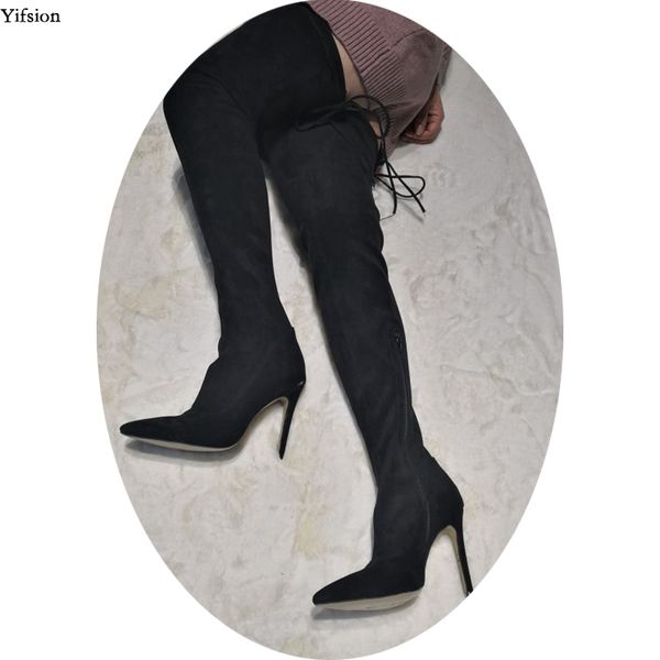 

rontic новое поступление женщины выше колена сапоги на шпильках высокие каблуки сапоги острым носом сексуальные черные туфли женщины плюс ра, Black