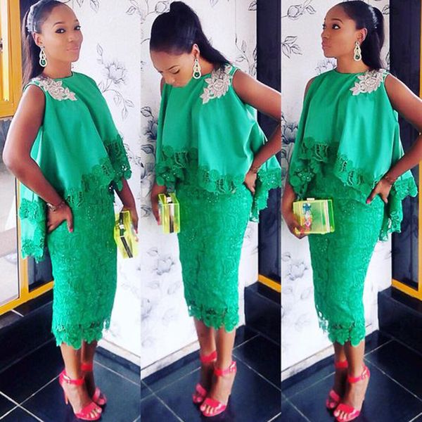 

2019 fashion green african women evening party dress with cape lace appliques african evening gowns hi-low cape tea-length party gowns, Black;red