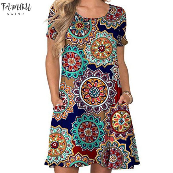 

summer dress 2020 new boho beach style short sundress women tunic casual pockets short sleeve print dress loose vestidos, Black;gray