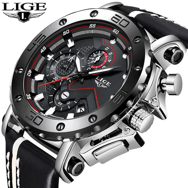 

genuine lige to brand quartz male watches casual leather watches racing men students game run chronograph sport watch glow hands, Slivery;brown