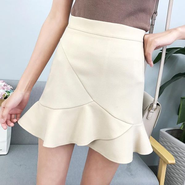 

yfashion women summer skirt fashion lady solid color high waist ruffles flouncing safety stretch skirts cotton fishtail skirt, Black