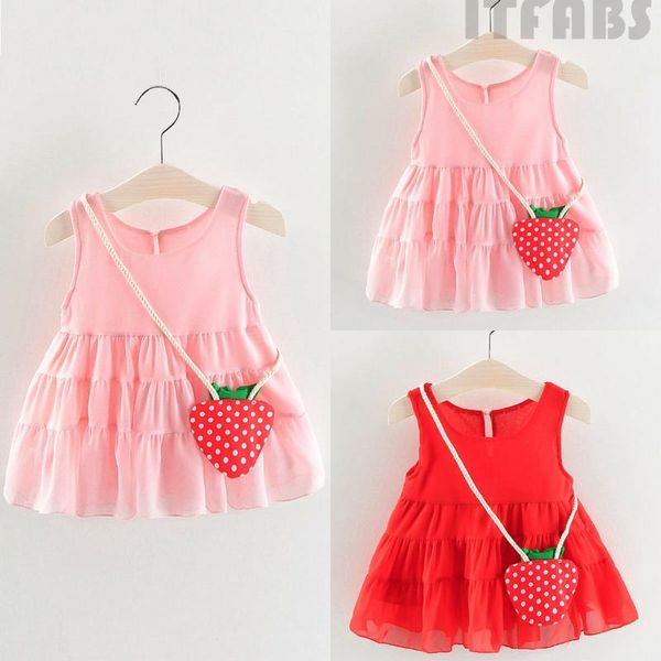 

0-3y summer princess sweet infant kids baby girl dress ruffles sleeveless solid knee-length sundress include strawberry backpack, Red;yellow