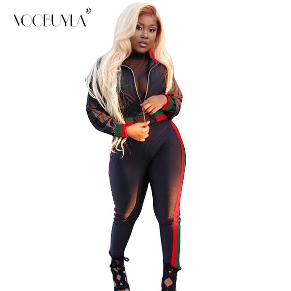 

voobuyla 2019 spring sport suit women tracksuits zipper stripe running set lady jogging suits sweat pants 2pcs sportswear s-xxl, Black;blue