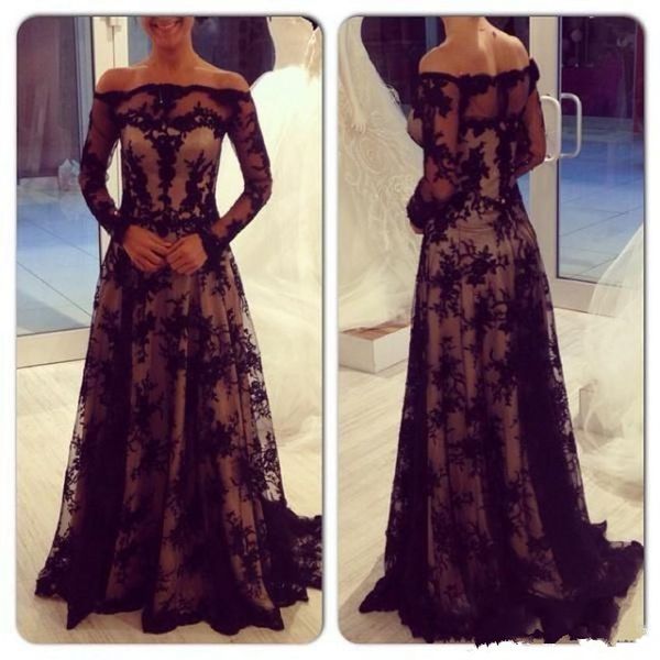 

кружева с длинным рукавом платье для матери невесты с плеча длиной до пола линия современных женщин вечернее платье 128, Black;red