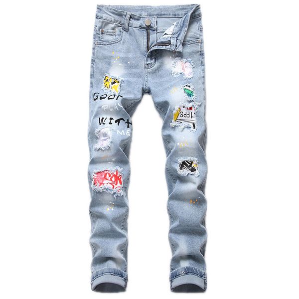 

moruancle fashion mens destroyed jeans pants with patches hi street ripped denim trousers with holes stretch torn jeans, Blue