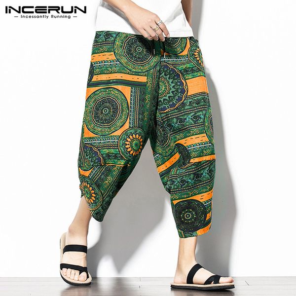 

2020 vintage printed men harem pants loose cotton drawstring drop-crotch trousers joggers calf length pants streetwear incerun, Black