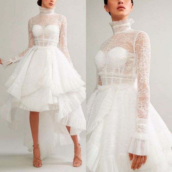 

ashi studio 2019 prom dresses long sleeves lace high neck hi lo evening gowns tiered ruffles party dress, Black