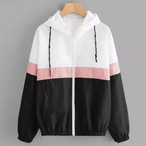 

women fashion hooded jacket windbreaker autumn casual patchwork female zipper pockets loose feminino outwear streetwear, Black;brown
