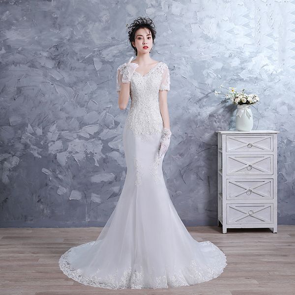 

short sleeves mermaid v neck wedding dress 2019 vestidos noiva lace appliques bridal dress sweep train, White