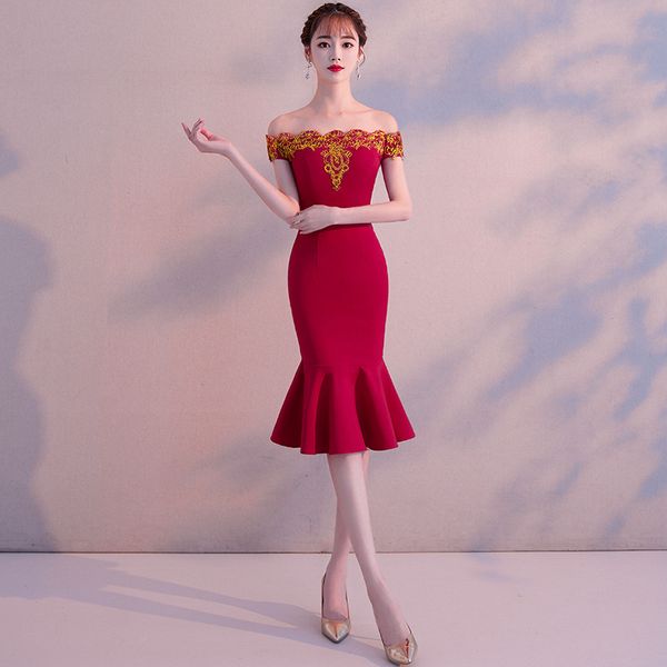

buegundy off shoulder oriental style banquet dresses chinese vintage traditional wedding cheongsam elegant evening party gowns, Red