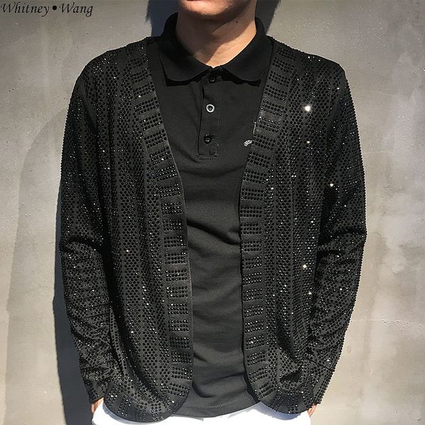 

whitney wang 2019 autumn fashion streetwear rhinestone jacket men open stitch thin coat, Black;brown