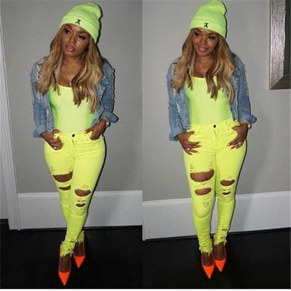 

women neon color high waisted ripped jeans femme skinny pencil pants hole streetwear denim jeans slim stretch jean trousers, Black;white