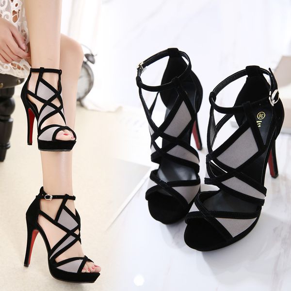 

women summer high heel sandals buckle strap high heel shoes woman ankle strap hollow out buckle sandal size 34421499595, Black