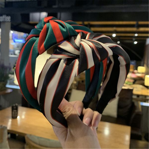 

red and green striped headband retro korean web celebrity headband wide side hair card silk stitching western style knotted headband mfj714, Slivery;white