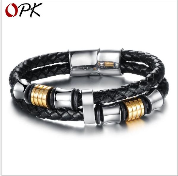 

special jewelry with magnetic suction buttons men's leather bracelet, Golden;silver