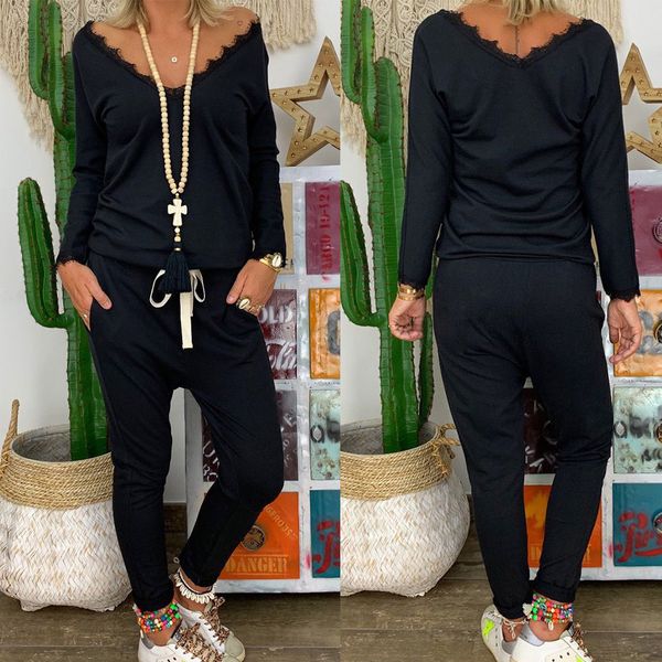 

european and american women's clothing v-neck lace inset girdle pocket trousers suit, White