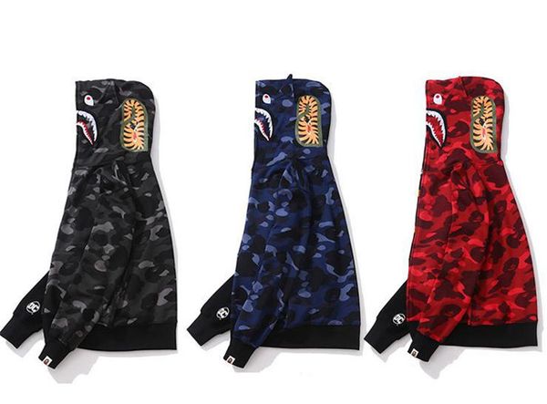 

mens designer hoodie hip hop brand zipper jacket hoodie streetwear luxury sweater contrast color style shark pattern print hoodie, Black