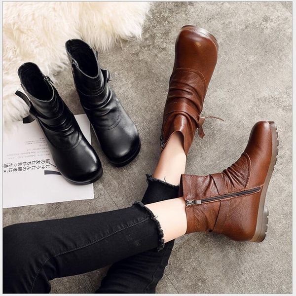 

winter genuine leather soft bottom ankle boots fashion women's boots new short boot black brown flats women