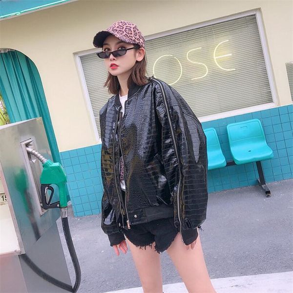 

pu leather jacket loose bomber jacket women autumn winter simple black coat windbreaker zipper stitching leisure jackets women