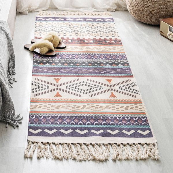 

bohemian simple tassel cotton linen area rug carpet for living room bedroom bedside floor mat retro geometric long carpets rugs