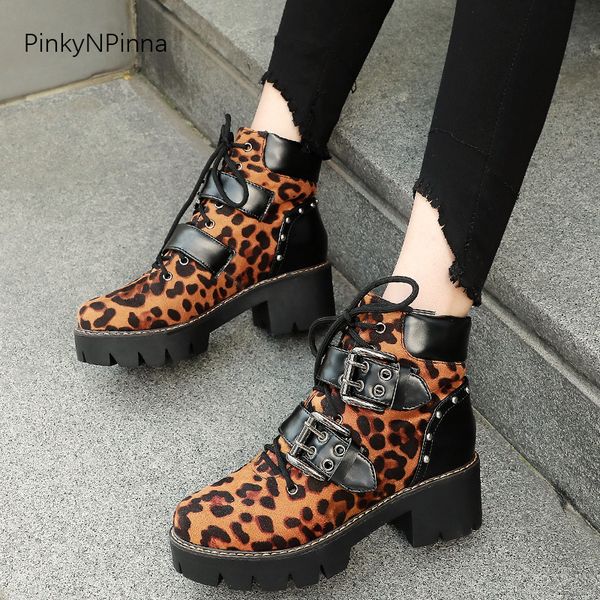 

women ankle boots flock leopard pattern short plush lining platform chunk heels metal buckle street punk style riding shoes, Black
