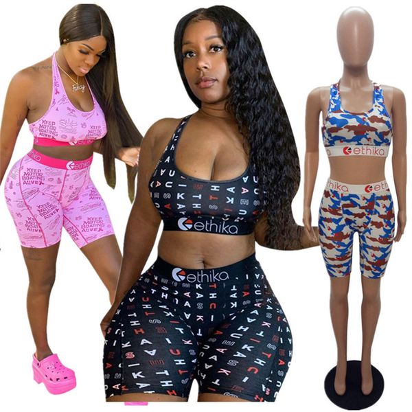 

summer women tracksuit letter print swimsuit sleeveless push up bra vest + shorts short pants two piece outfits bodycon swimwear sports suit, Blue