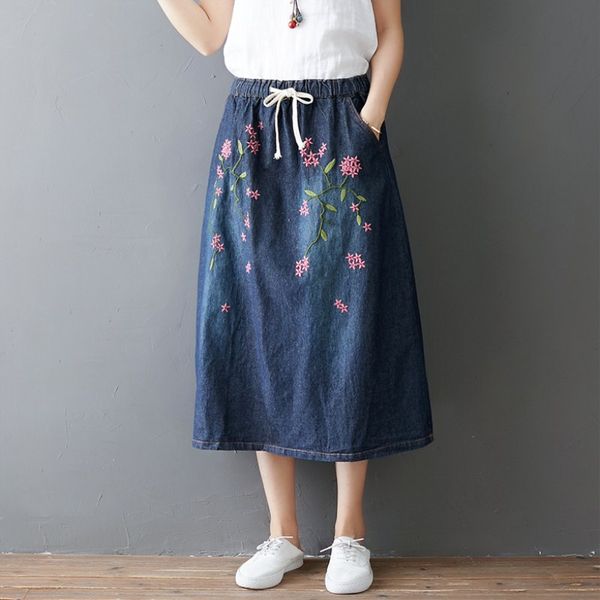 

national wind retro washed denim wear pin embroidered skirts female line was thin elastic waist a-line spring summer skirt retro, Black