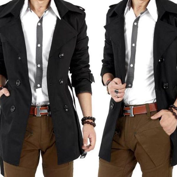 

new business casual trench coat jacket men winter fashion men long sleeve lapel collar double-breasted sliming coat jacket, Tan;black