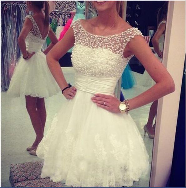 

chic a-line scoop capped sleeves short mini lace homecoming dress with pearls short prom dress under 100, Red
