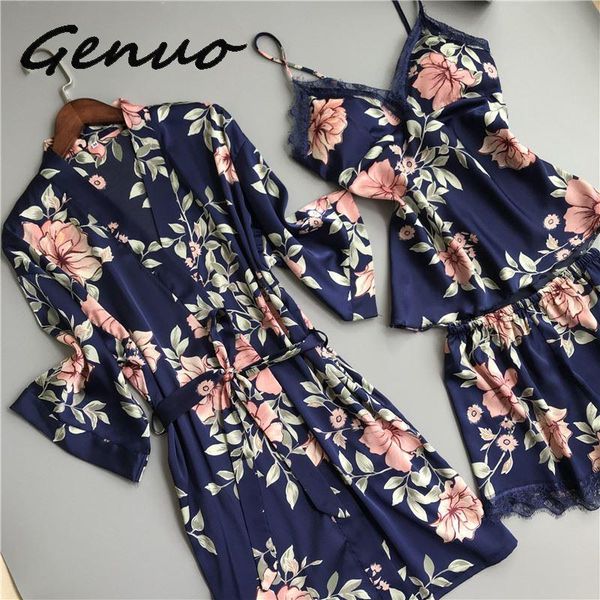 

genuo 2019 women pajamas 3 pieces satin sleepwear pijama with chest pads spaghetti strap lace silk sleep lounge nightwear pyjama, Black;red